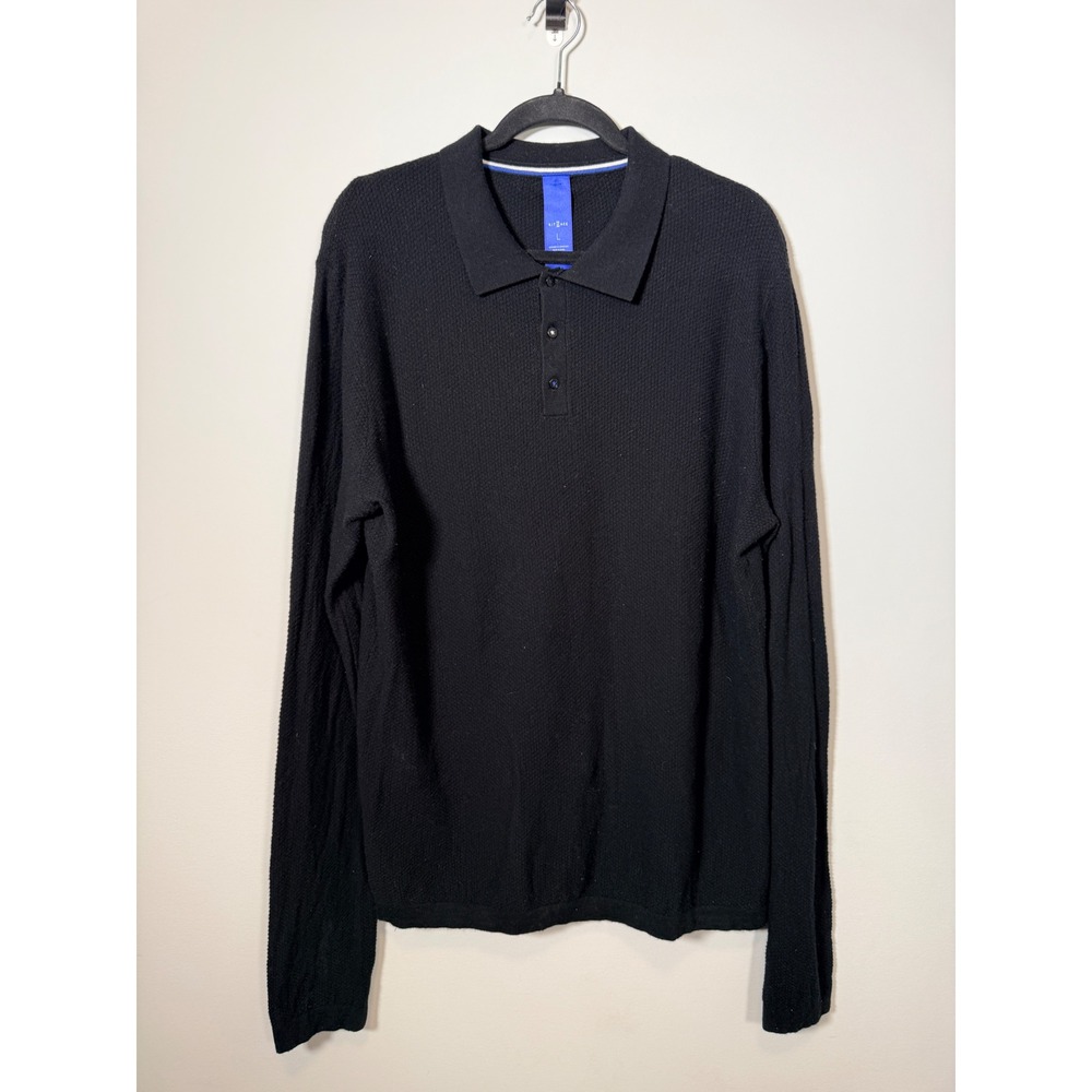 Kit and Ace Mens Black Waffle Knit Long Sleeve Polo Sweater Size Large